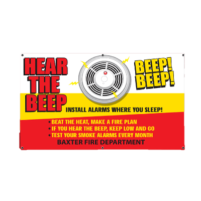 Hear the Beep - Custom Banner 38" x 60"    firefighting, fire safety product, fire prevention, vinyl banner, indoor use, outdoor use, banner, imprinted, custom, department name 