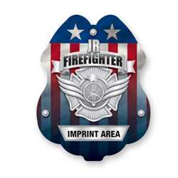 Imprinted Jr. FF Silver Sticker Badge firefighting, fire safety product, fire prevention, plastic fire badge, firefighting badge, junior firefighter badge, custom badge, custom firefighting badge