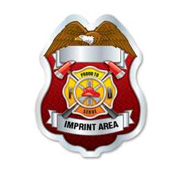 Imprinted Proud To Serve Silver Sticker Badge firefighting, fire safety product, fire prevention, plastic fire badge, firefighting badge, custom badge, custom firefighter badge