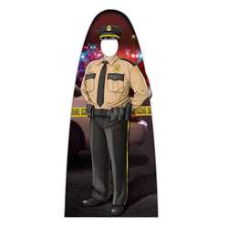 Male Jr. Police Officer Photo Prop 33.5" x 74" police, police officer, cut out, photo prop, male, male police officer, police department, officer, stand up, corrugated plastic, indoor use, outdoor use, custom, imprinted 