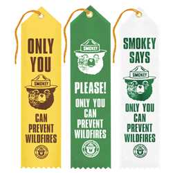 Smokey Bear Award Ribbons firefighting, fire safety product, fire prevention, smokey, smokey bear, award ribbons, ribbons, smokey award ribbons, assorted, assorted design, foil imprint, stock