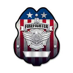 Imprinted Jr. FF Silver Plastic Clip-On Badge firefighting, fire safety product, fire prevention, plastic fire badge, firefighting badge, junior firefighter badge, custom badge, custom firefighting badge