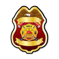 Imprinted Proud To Serve Gold Plastic Clip-On Badge firefighting, fire safety product, fire prevention, plastic fire badge, firefighting badge