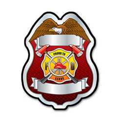 Imprinted Proud To Serve Silver Plastic Clip-On Badge firefighting, fire safety product, fire prevention, plastic fire badge, firefighting badge, custom badge, custom firefighter badge