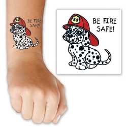 Be Fire Safe Dalmatian Tattoo dalmatian fire safety tattoo, be fire safe kids tattoo, firehouse dalmatian temporary tattoo, fire department children’s giveaways, EMS outreach items, police department community handouts, kids fire safety materials, first responder promotional items