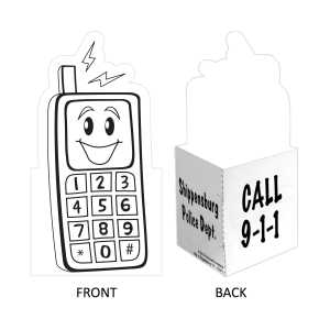Cell Phone Color-Me Stand-Out Police, safety product, educational, cell phone, cell phone color me, stand out color-me, card stock, cell phone color-me, custom stand out, imprinted stand out, imprinted, custom. cell phone color me stand out, police safety giveaways for kids, 911 education activities, National Night Out giveaways, community policing promotional items, safety coloring activity, law enforcement outreach products, kids safety education tools, police department giveaways, emergency awareness activities