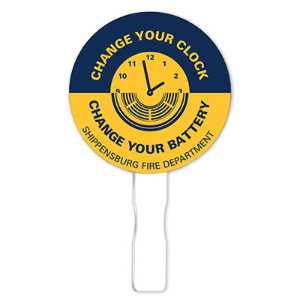 Change Your Clock-Change Your Battery - Hand Fan change your clock change your battery fan, fire safety fan, smoke alarm battery reminder, fire department giveaways, police community outreach items, EMS promotional products, daylight saving safety handout