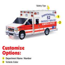 Custom Paper Ambulance ambulance, EMS, custom paper ambulance, EMS giveaways, fire department outreach items, police community event handouts, kids emergency services craft, buildable ambulance craft, safety education giveaways