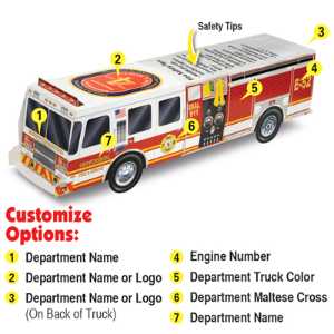 Custom Paper Fire Engine Fire Truck, Fire, Truck, Safety, foldable paper truck, custom paper fire engine, fire department giveaways, kids fire safety handouts, police community outreach items, EMS promotional products, buildable fire engine craft, community event giveaways