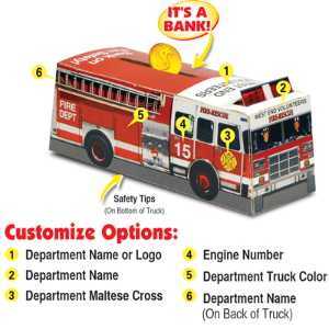 Custom Paper Fire Truck Bank Fire Truck, Fire, Truck, Safety, custom fire truck bank, paper fire truck craft, kids fire safety giveaway, fire department promotional items, EMS community outreach, police department event supplies, children’s fire safety activities, fire prevention week handouts