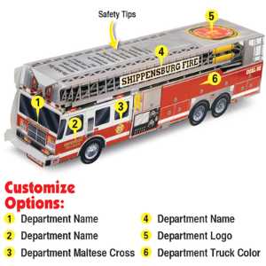 Custom Paper Ladder Fire Truck Fire Truck, Fire, Truck, Safety, custom paper fire truck, ladder fire truck craft, fire department giveaways, kids fire safety handouts, police community outreach items, EMS promotional products, buildable fire truck craft, community event giveaways