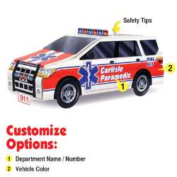 Custom Paper Paramedic SUV paramedic, SUV, safety, custom paper paramedic SUV, EMS giveaways, fire department outreach items, police community event handouts, kids emergency services craft, buildable paramedic vehicle craft, safety education giveaways