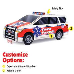 Custom Paper Paramedic SUV paramedic, SUV, safety, custom paper paramedic SUV, EMS giveaways, fire department outreach items, police community event handouts, kids emergency services craft, buildable paramedic vehicle craft, safety education giveaways