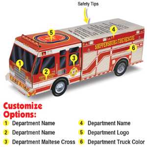 Custom Paper Rescue Fire Truck Fire Truck, Fire, Truck, Safety, custom paper rescue truck, rescue fire truck craft, fire department giveaways, kids fire safety handouts, police community outreach items, EMS promotional products, buildable fire truck craft, community event giveaways