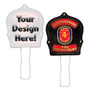 Custom Shield Design - Shield Shaped Hand Fan shield shaped fan, custom shield fan, fire department giveaways, police promotional items, EMS community outreach products, safety hand fan, custom imprint fan
