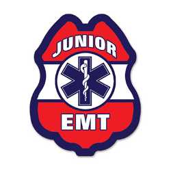 EMT Red, White & Blue Plastic Clip-On Badge EMT decal badge, red white blue badge, EMS promotional items, fire department giveaways, police community outreach, kids safety handouts, sticker badge giveaway, public education materials