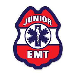 EMT Red, White & Blue Plastic Clip-On Badge EMT decal badge, red white blue badge, EMS promotional items, fire department giveaways, police community outreach, kids safety handouts, sticker badge giveaway, public education materials