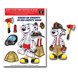 Smarty Peel 'N Place firefighting, fire safety product, fire prevention, peel 'n place, peel n place, dog, firefighter, smarty peel n place, kids safety stickers, fire department giveaways, police community outreach items, EMS promotional products, children’s safety handouts, peel and place activity sheet