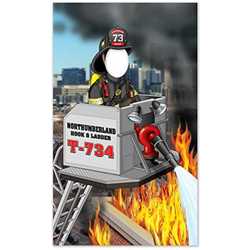 Firefighter on Ladder Truck Photo Prop - 41" X 69" firefighting, fire safety product, fire prevention, cut outs, photo props, firefighter