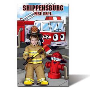 Full Custom Fire Department Photo Prop - 46.5" x 74.75" firefighting, fire safety product, fire prevention, cut outs, photo props, firefighter, photo prop, cut out, custom fire department photo prop, firefighter photo stand-in, EMS event display, police department outreach materials, kids fire safety photo prop, community event backdrop, fire prevention week display, custom public-education props