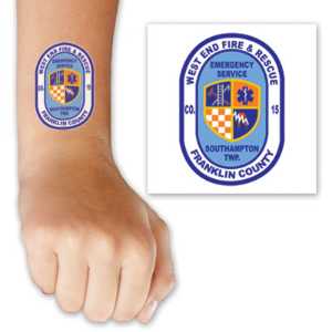 Full Custom Tattoo custom temporary tattoo, fire department custom tattoo, EMS custom tattoo, police department custom giveaway, kids safety tattoo, personalized event tattoo, community outreach handouts, first responder promotional items