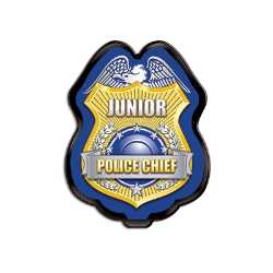 Gold/Blue Jr. Police Chief Badge Gold Blue Jr Police Chief Badge, SS66785P7, kids police chief badge, junior police chief badge, clip on police badge, police promotional items, community event giveaways, police outreach supplies, safety education items, youth police badge, bulk kids badges, law enforcement promotional products