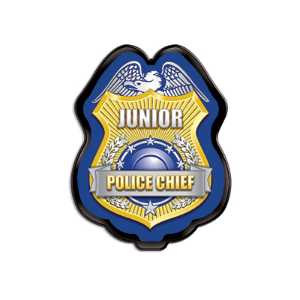 Gold/Blue Jr. Police Chief Badge Gold Blue Jr Police Chief Badge, SS66785P7, kids police chief badge, junior police chief badge, clip on police badge, police promotional items, community event giveaways, police outreach supplies, safety education items, youth police badge, bulk kids badges, law enforcement promotional products