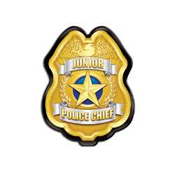 Gold Jr. Police Chief Badge Police, safety product, educational, plastic police badge, police officer badge, stock badge, stock police badge, Gold Jr Police Chief Badge, SS66785P11, kids police chief badge, junior police chief badge, clip on badge, police promotional products, community event giveaways, police outreach supplies, safety education items, youth police badge, bulk kids badges, law enforcement promotional products