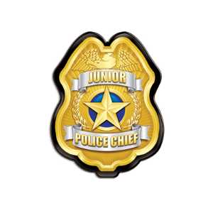 Gold Jr. Police Chief Badge Police, safety product, educational, plastic police badge, police officer badge, stock badge, stock police badge, Gold Jr Police Chief Badge, SS66785P11, kids police chief badge, junior police chief badge, clip on badge, police promotional products, community event giveaways, police outreach supplies, safety education items, youth police badge, bulk kids badges, law enforcement promotional products