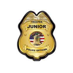 Gold Jr. Police Officer Badge Police, safety product, educational, plastic police badge, police officer badge, stock badge, stock police badge, Gold Jr Police Officer Badge, SS66785P1, kids police badge, clip-on police badge, junior officer badge, police promotional items, fire prevention giveaways, community outreach products, school safety giveaways, bulk kids badges, police department promotional products, kids role play badge