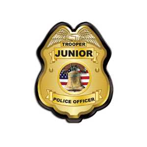 Gold Jr. Police Officer Badge Police, safety product, educational, plastic police badge, police officer badge, stock badge, stock police badge, Gold Jr Police Officer Badge, SS66785P1, kids police badge, clip-on police badge, junior officer badge, police promotional items, fire prevention giveaways, community outreach products, school safety giveaways, bulk kids badges, police department promotional products, kids role play badge