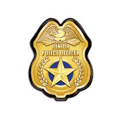 Gold Jr. Police Officer Badge Police, safety product, educational, plastic police badge, police officer badge, stock badge, stock police badge, Gold Jr Police Officer Badge, SS66785P3, kids police badge, clip on police badge, junior officer badge, police promotional items, National Night Out giveaways, community outreach police supplies, safety education giveaways, youth police badge, bulk kids badges, police event giveaway