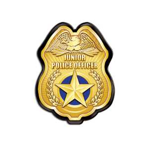 Gold Jr. Police Officer Badge Police, safety product, educational, plastic police badge, police officer badge, stock badge, stock police badge, Gold Jr Police Officer Badge, SS66785P3, kids police badge, clip on police badge, junior officer badge, police promotional items, National Night Out giveaways, community outreach police supplies, safety education giveaways, youth police badge, bulk kids badges, police event giveaway