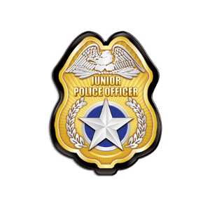Gold Jr. Police Officer Badge Police, safety product, educational, plastic police badge, police officer badge, stock badge, stock police badge, Gold Jr Police Officer Badge, SS66785P5, kids police badge, clip on police badge, junior officer badge, police promotional items, community outreach giveaways, safety education products, youth police badge, police department giveaways, bulk kids badges, law enforcement promotional products