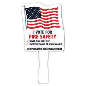 I Vote For Fire Safety - Flag Shaped Fan fire safety fan, flag shaped fan, patriotic fire safety giveaway, fire department promotional items, police community outreach products, EMS safety handouts, kids fire prevention items