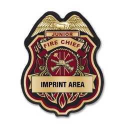 Imprinted Burgundy/Gold Jr Fire Chief Plastic Clip-On Badge jr fire chief badge, burgundy gold fire badge, imprinted firefighter badge, fire safety giveaways, EMS promotional items, police community outreach, kids sticker badge, public education materials