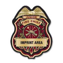 Imprinted Burgundy/Gold Jr Fire Chief Plastic Clip-On Badge 