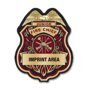Imprinted Burgundy/Gold Jr Fire Chief Plastic Clip-On Badge jr fire chief badge, burgundy gold fire badge, imprinted firefighter badge, fire safety giveaways, EMS promotional items, police community outreach, kids sticker badge, public education materials