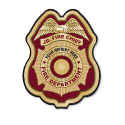 Imprinted Burgundy/Gold Seal Plastic Clip-On Badge burgundy gold seal badge, fire department decal badge, imprinted firefighter badge, fire safety giveaways, EMS promotional items, police community outreach, kids sticker badge, public education materials
