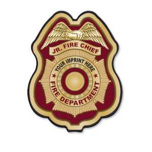 Imprinted Burgundy/Gold Seal Plastic Clip-On Badge burgundy gold seal badge, fire department decal badge, imprinted firefighter badge, fire safety giveaways, EMS promotional items, police community outreach, kids sticker badge, public education materials