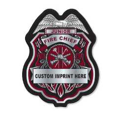 Imprinted Burgundy/Silver Jr Fire Chief Plastic Clip-On Badge jr fire chief badge, burgundy silver fire badge, imprinted firefighter badge, fire safety giveaways, EMS promotional items, police community outreach, kids sticker badge, public education materials