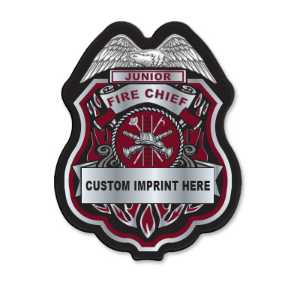 Imprinted Burgundy/Silver Jr Fire Chief Plastic Clip-On Badge jr fire chief badge, burgundy silver fire badge, imprinted firefighter badge, fire safety giveaways, EMS promotional items, police community outreach, kids sticker badge, public education materials