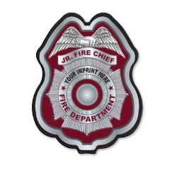 Imprinted Burgundy/Silver Seal Plastic Clip-On Badge burgundy silver seal badge, fire department decal badge, imprinted firefighter badge, fire safety giveaways, EMS promotional items, police community outreach, kids sticker badge, public education materials