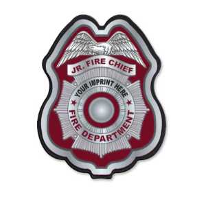 Imprinted Burgundy/Silver Seal Plastic Clip-On Badge burgundy silver seal badge, fire department decal badge, imprinted firefighter badge, fire safety giveaways, EMS promotional items, police community outreach, kids sticker badge, public education materials