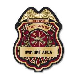 Imprinted Burgundy and Gold Jr Fire Chief Sticker Badge imprinted jr fire chief badge, burgundy fire chief sticker, gold fire department badge, custom fire dept giveaway, kids fire safety badge, EMS community outreach, police event giveaways, sticker badge for children, public education materials