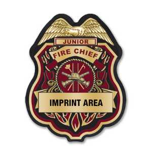 Imprinted Burgundy and Gold Jr Fire Chief Sticker Badge imprinted jr fire chief badge, burgundy fire chief sticker, gold fire department badge, custom fire dept giveaway, kids fire safety badge, EMS community outreach, police event giveaways, sticker badge for children, public education materials
