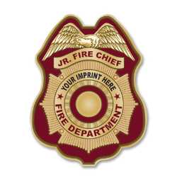 Imprinted Burgundy and Gold Seal Sticker Badge imprinted fire department badge, burgundy and gold seal badge, custom fire dept sticker, kids fire safety giveaway, EMS community outreach, police event giveaways, sticker badge for children, public education materials