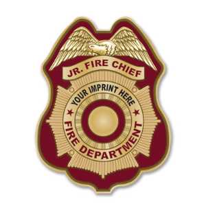 Imprinted Burgundy and Gold Seal Sticker Badge imprinted fire department badge, burgundy and gold seal badge, custom fire dept sticker, kids fire safety giveaway, EMS community outreach, police event giveaways, sticker badge for children, public education materials