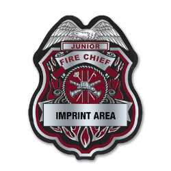 Imprinted Burgundy and Silver Jr Fire Chief Sticker Badge imprinted jr fire chief badge, burgundy fire chief sticker, silver fire department badge, custom fire dept giveaway, kids fire safety badge, EMS community outreach, police event giveaways, sticker badge for children, public education materials