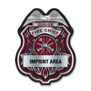 Imprinted Burgundy and Silver Jr Fire Chief Sticker Badge imprinted jr fire chief badge, burgundy fire chief sticker, silver fire department badge, custom fire dept giveaway, kids fire safety badge, EMS community outreach, police event giveaways, sticker badge for children, public education materials